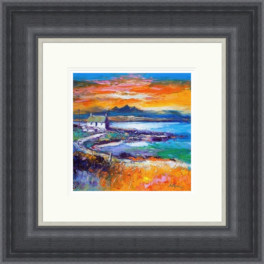 A Jura Sunset From Port Nan Gallan, Keills by Jolomo framed wall art print featuring distant hills, islands or mountain forms around Jura, Port Nan Gallan, Keills