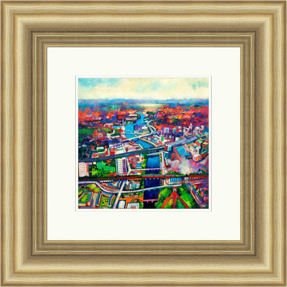 The River Clyde, The Wonderful Clyde by Rob Hain framed wall art print featuring a bright River Clyde scene celebrating Glasgow's waterfront, bridges and city energy