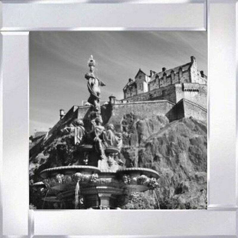 Edinburgh Castle and Fountain - Black and White