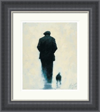 Pals by Alexander Millar framed wall art print showing a flat-capped figure walking away with a small dog companion through a misty pale background