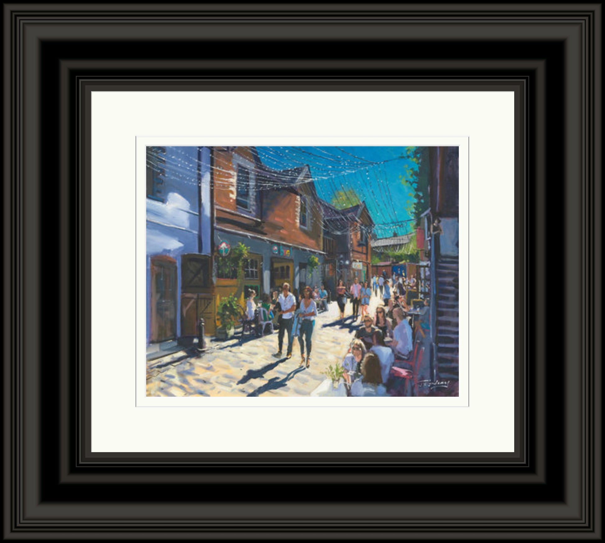 Summer on Ashton Lane by James Somerville Lindsay framed wall art print showing Ashton Lane in Glasgow during summer, with the much-loved West End lane given a bright, inviting feel