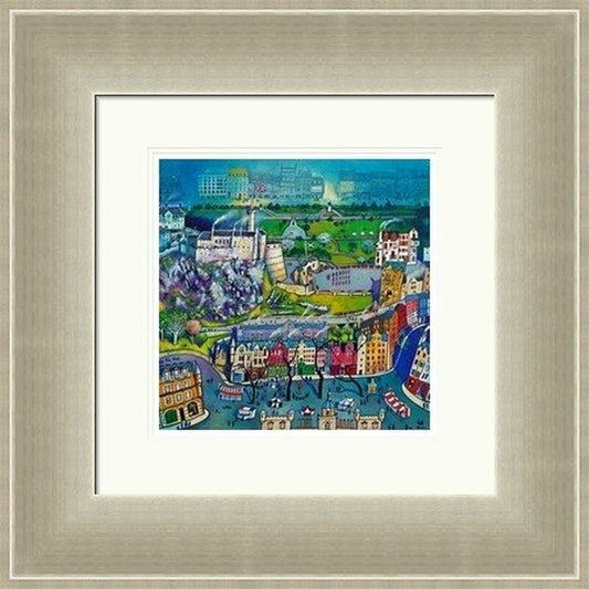 Brand New Day, Edinburgh by Rob Hain framed wall art print featuring a fresh Edinburgh city view with bright colour, landmarks and an optimistic morning feel