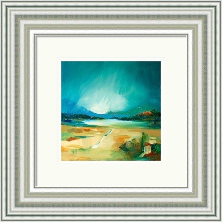 Loch Laggan by Ann Vastano framed wall art print showing a sandy shoreline, still loch water and a luminous blue-green sky