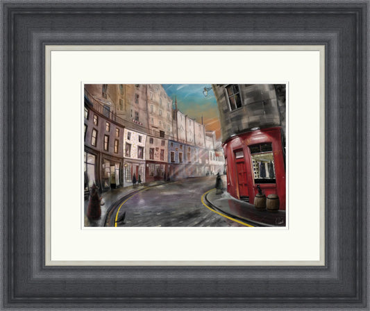Victoria Alley, Edinburgh by Garabart framed wall art print showing a curved Edinburgh street with red shopfronts