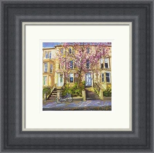 West End Tenements by James Somerville Lindsay framed wall art print showing a Glasgow West End tenement street scene, celebrating the character of the city’s sandstone architecture