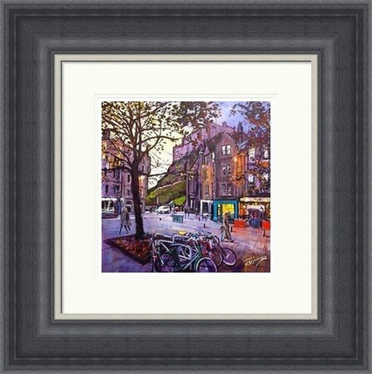 Evening Falls, Grassmarket by James Somerville Lindsay framed wall art print with painterly landmark and cityscape detail