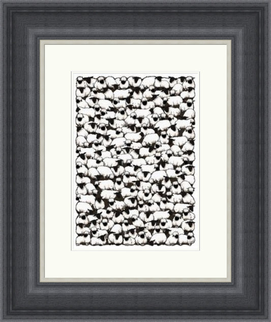 Highland Sheep by Garabart framed wall art print showing a repeating flock of black-faced sheep