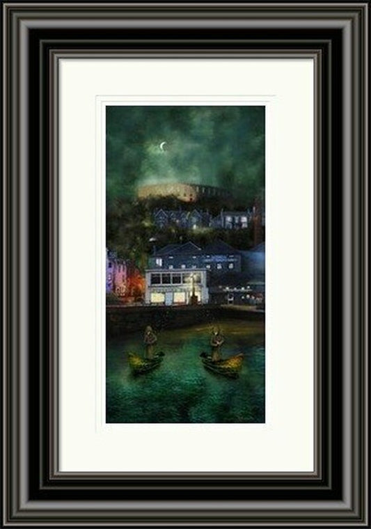 The Pipers, Oban by Matylda Konecka framed wall art print celebrating Oban with pipers, music and a lively Scottish coastal mood