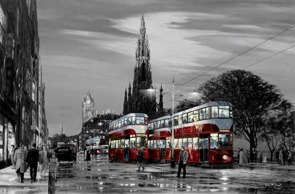 Trams on Princes Street, Black and White by John M Boyd