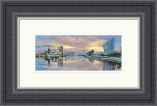 Morning on Salford Quays by James Somerville Lindsay framed wall art print showing Salford Quays in the morning, with waterfront light and contemporary architecture shaping the scene