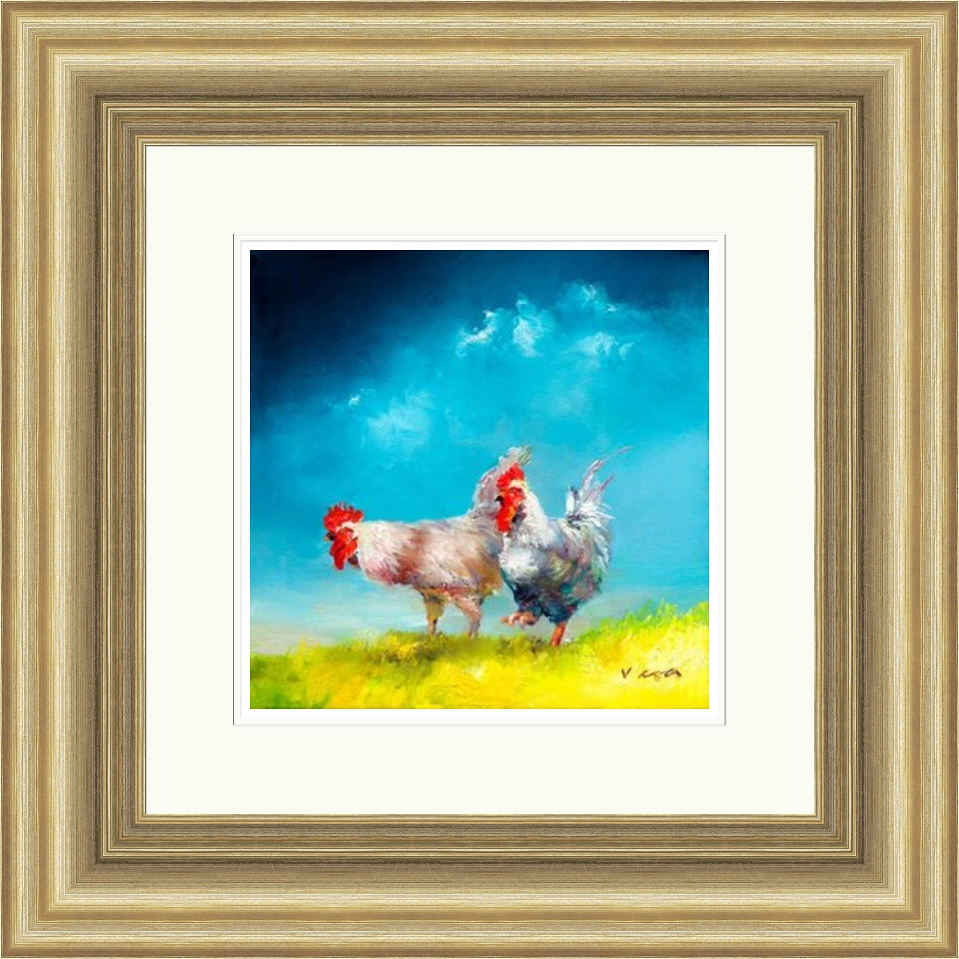 Best Of Friends By Vega framed wall art print featuring two characterful chickens together on yellow-green grass beneath a vivid turquoise-blue sky, shown in Antique Gold frame