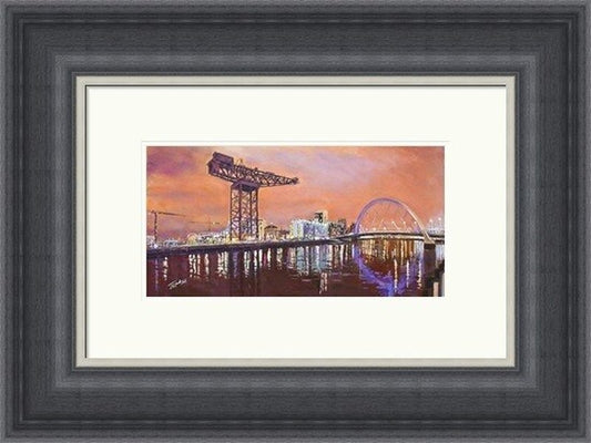 Evening Glow Clydeside, Glasgow by James Somerville Lindsay framed wall art print showing the Clydeside in Glasgow lit by an evening glow, with the riverside setting softened by warm light