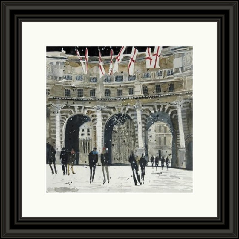 Admiralty Arch London by Susan Brown framed wall art print featuring grand stone arches, Union flags and city figures, shown in Black Shallow Scoop frame