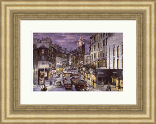 Rush Hour Leith Street, Colour by John M Boyd framed wall art print showing a busy colour view of Leith Street in Edinburgh with traffic, pedestrians, shopfronts and evening city lights