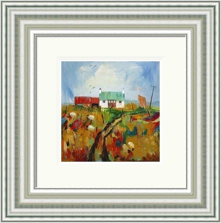 Auld Acquaintance by Ann Vastano framed wall art print showing a rural cottage with a green roof, sheep, weathered fencing and warm Highland fields