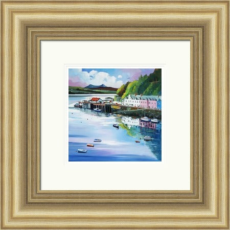 The Pink House, Portree by Daniel Campbell framed wall art print featuring Portree with a distinctive pink house adding a bright focal point to the harbour-side setting