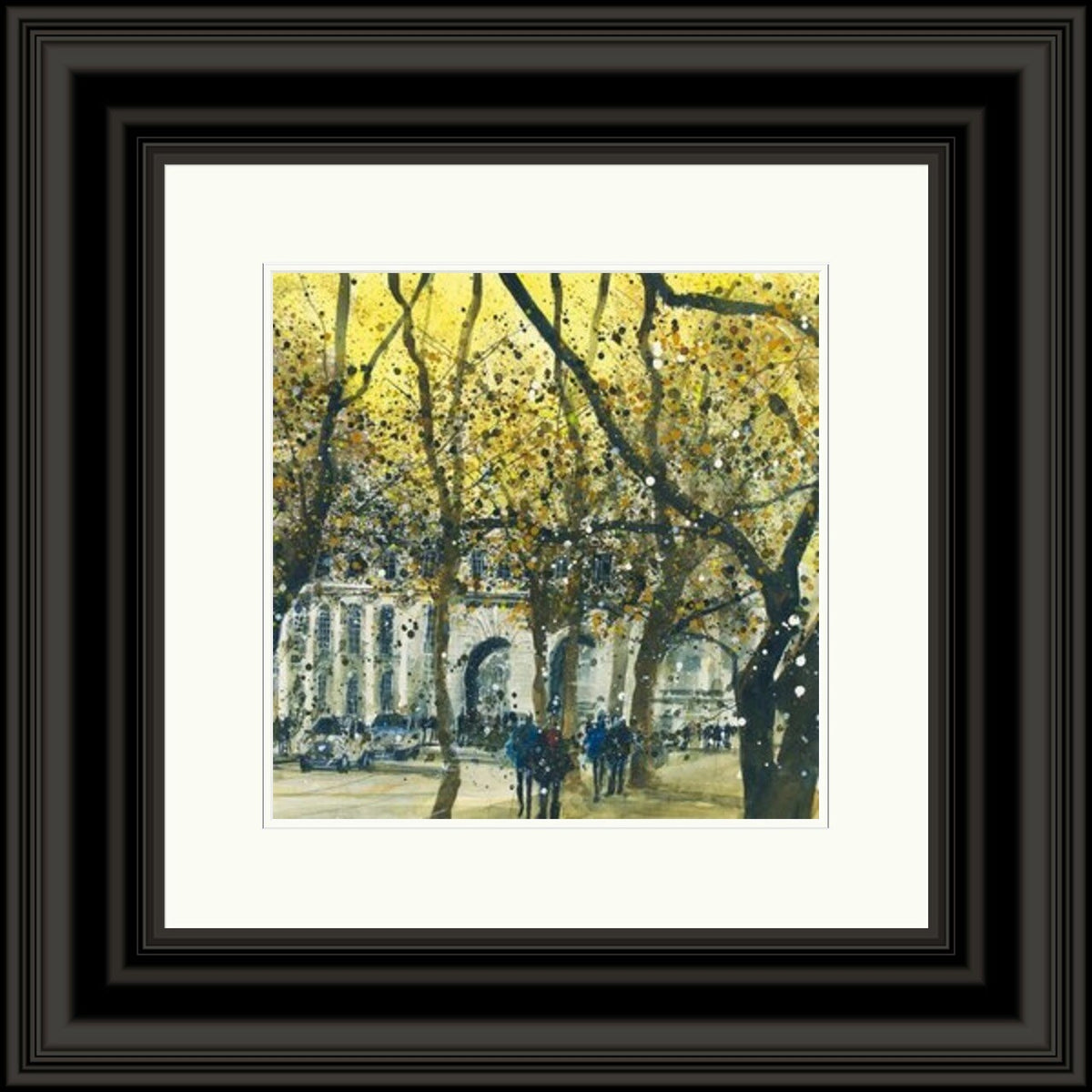 Admiralty Arch The Mall London by Susan Brown framed wall art print featuring golden autumn trees, city figures and Admiralty Arch in the distance, shown in Black Shallow Scoop frame