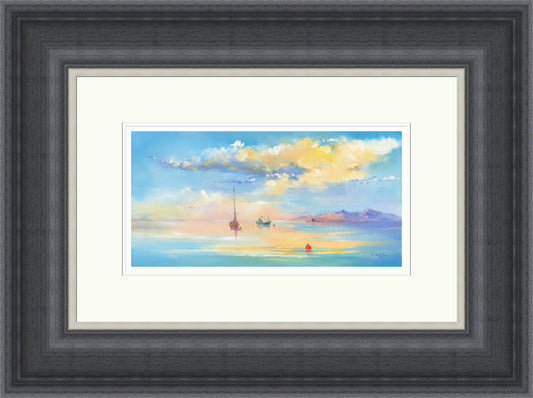 Visitor's Morning By Vega framed wall art print featuring sailing boats resting on glassy pale blue water with an orange buoy and pastel island sky, shown in Grey Shallow Scoop frame