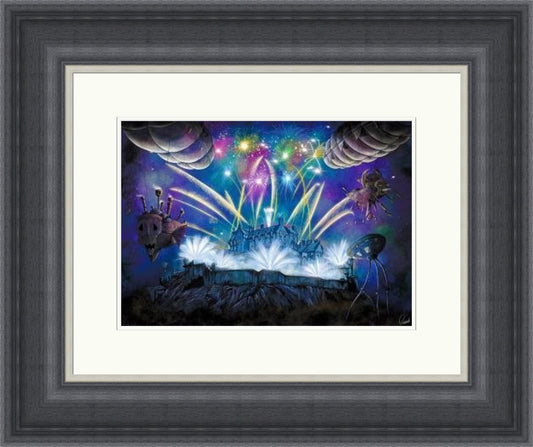 The Tourist, Edinburgh Castle by Garabart framed wall art print showing fireworks above Edinburgh Castle