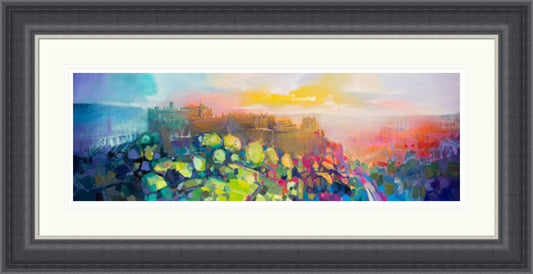 Edinburgh Castle by Scott Naismith signed limited edition framed wall art print featuring Edinburgh Castle rising above the historic city beneath a luminous sky, shown in Grey Shallow Scoop