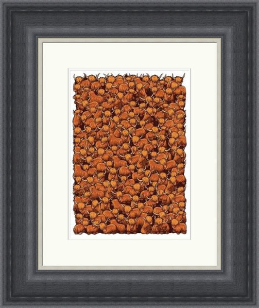 Highland Cows by Garabart framed wall art print showing a repeating pattern of orange Highland cows