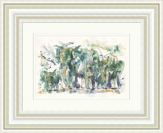 We Are Family by Tori Ratcliffe framed wall art print featuring a close elephant family in soft grey, taupe, sage and olive, shown in Champagne Silver Shallow Scoop frame