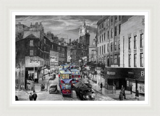 Rush Hour Leith Street, Black and White by John M Boyd framed wall art print showing a black and white Leith Street view with busy Edinburgh traffic, pedestrians and tall city buildings