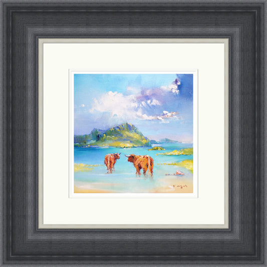Warm Sun, Cool Water By Vega framed wall art print featuring two russet Highland cows standing in turquoise water beneath blue sky and green hills, shown in Grey Shallow Scoop frame