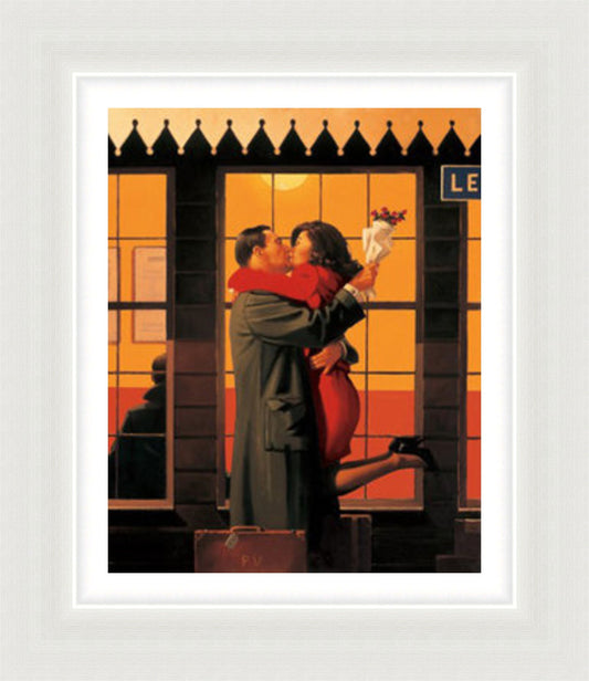 Back Where You Belong by Jack Vettriano framed wall art print featuring cinematic romantic scene with mystery and emotional tension