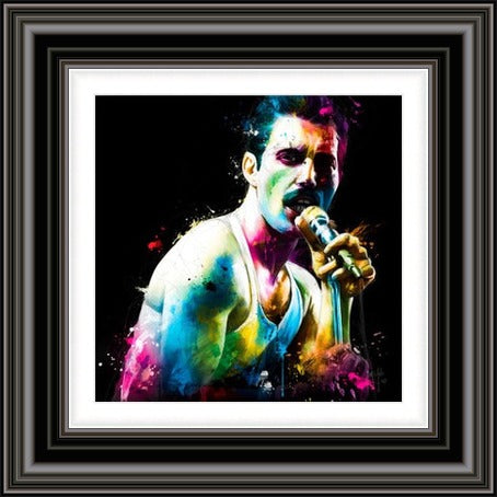 The Show Must Go On (Freddie) Bohemian Rhapsody by Patrice Murciano framed wall art print featuring a Freddie-inspired Bohemian Rhapsody artwork with theatrical colour and musical drama