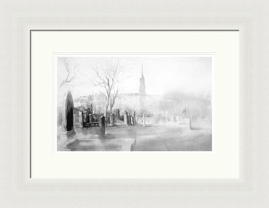 Greyfriars Kirkyard by Ismael Pinteño framed wall art print featuring quiet Edinburgh scene of Greyfriars Kirkyard with historic stone atmosphere