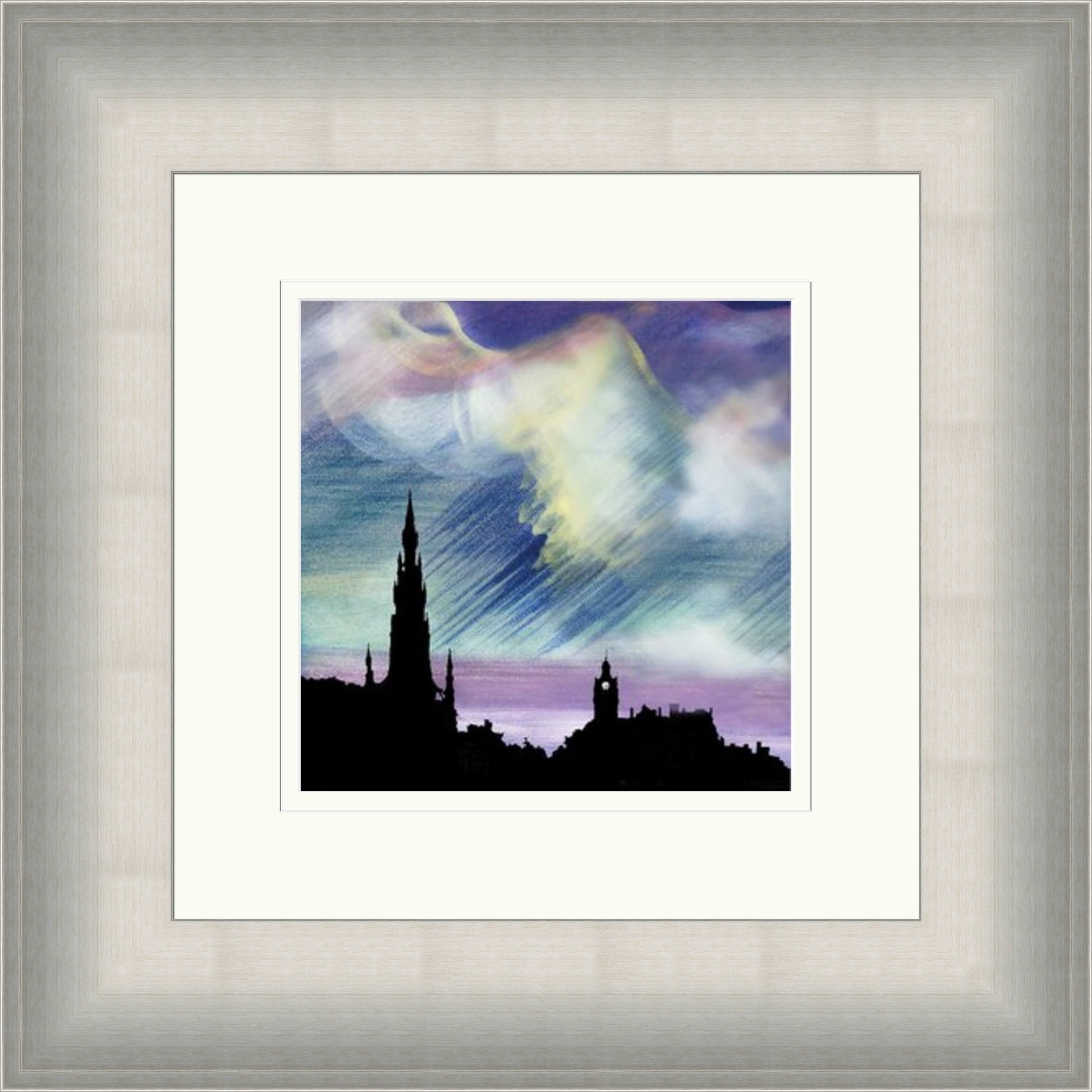 Heather Skies, Scott Monument by Esther Cohen framed wall art print showing the Scott Monument beneath heather-toned Edinburgh skies