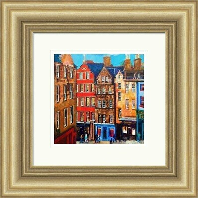 Victoria Street, Edinburgh by Rob Hain framed wall art print featuring the curved, colourful shopfronts of Edinburgh's Victoria Street, captured with playful architectural detail