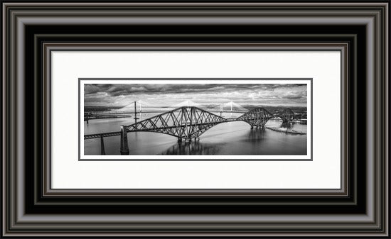 The Three Bridges Black and White by Ian Marshall framed wall art print showing the three Forth bridges in a monochrome panoramic view