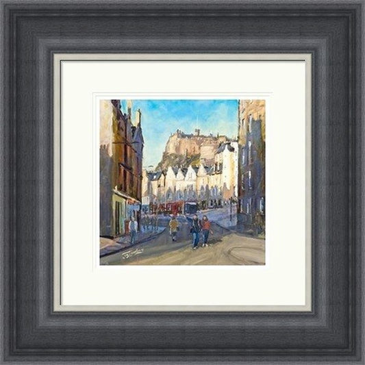 Good Morning, Grassmarket by James Somerville Lindsay framed wall art print showing Edinburgh’s Grassmarket in the morning, with the historic street scene waking under fresh light