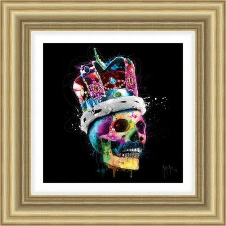 Freddie Mercury Skull by Patrice Murciano framed wall art print featuring a Freddie-inspired skull artwork with rock attitude, colour and dramatic contrast