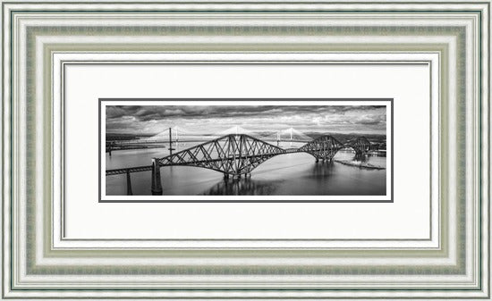 The Three Bridges Black and White by Ian Marshall framed wall art print showing the three Forth bridges in a monochrome panoramic view