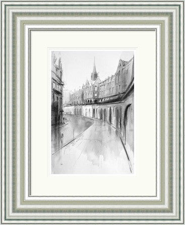 Victoria Street by Ismael Pinteño framed wall art print featuring soft Edinburgh cityscape of Victoria Street with curved historic street facades