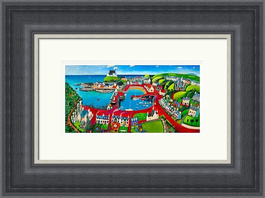 Findochty by Rob Hain framed wall art print featuring a colourful Findochty harbour scene with boats, cottages and the charm of a Scottish fishing village