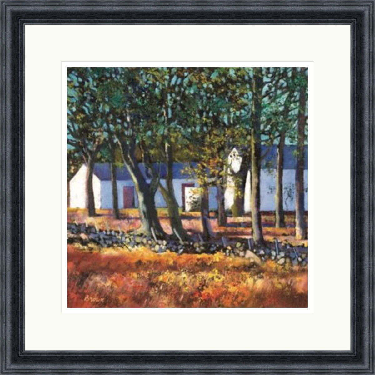 Farm Buildings through Trees by Davy Brown framed signed limited edition rural landscape print with trees, cottages and stone wall