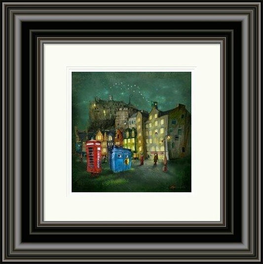 Strange Night, Grassmarket by Matylda Konecka framed wall art print set in Edinburgh's Grassmarket, with a strange, theatrical night-time atmosphere