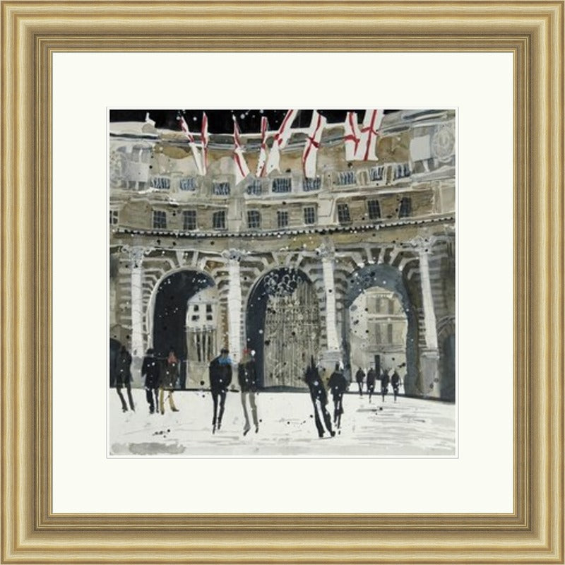 Admiralty Arch London by Susan Brown framed wall art print featuring grand stone arches, Union flags and city figures, shown in Antique Gold frame
