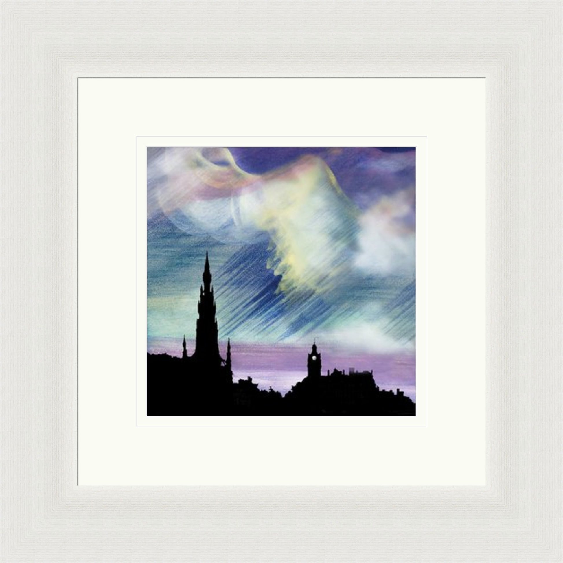 Heather Skies, Scott Monument by Esther Cohen framed wall art print showing the Scott Monument beneath heather-toned Edinburgh skies