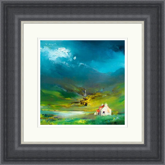 Waterfall and Loch By Vega framed wall art print featuring a white croft beside a blue loch with a distant waterfall and dramatic teal mountains, shown in Grey Shallow Scoop frame
