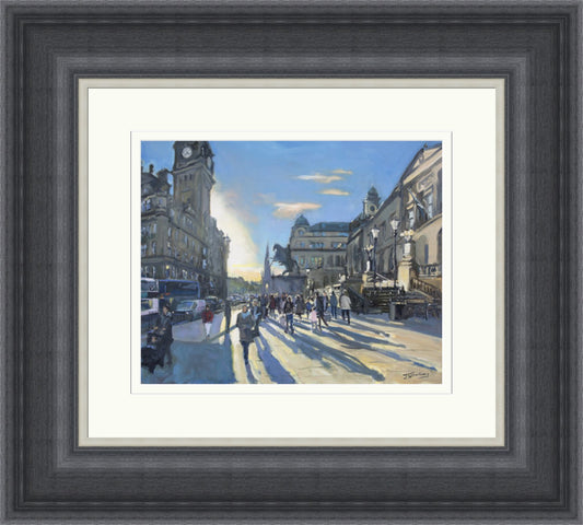 Long Shadows, Princes Street by James Somerville Lindsay framed wall art print showing Princes Street in Edinburgh with long shadows stretching across the city scene