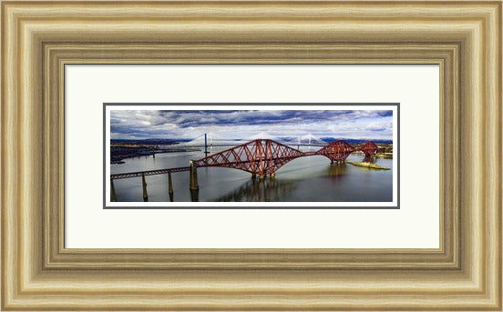 The Three Bridges Colour by Ian Marshall framed wall art print showing the three Forth bridges across the water in colour