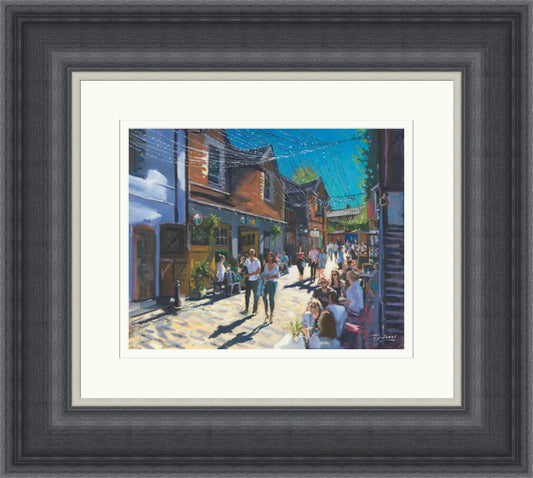 Summer on Ashton Lane by James Somerville Lindsay framed wall art print showing Ashton Lane in Glasgow during summer, with the much-loved West End lane given a bright, inviting feel