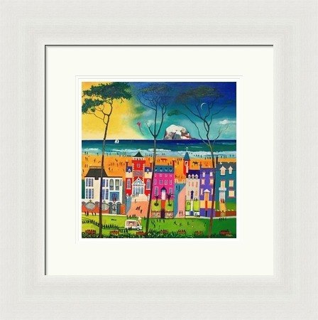 Holidays North Berwick by Rob Hain framed wall art print featuring a North Berwick holiday scene with seaside colour, beach life and relaxed coastal charm