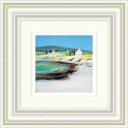 Around the Shores Tiree by Garry Brander framed wall art print featuring a bright Tiree shoreline scene with open coastal water, island light and the feeling of travelling around…
