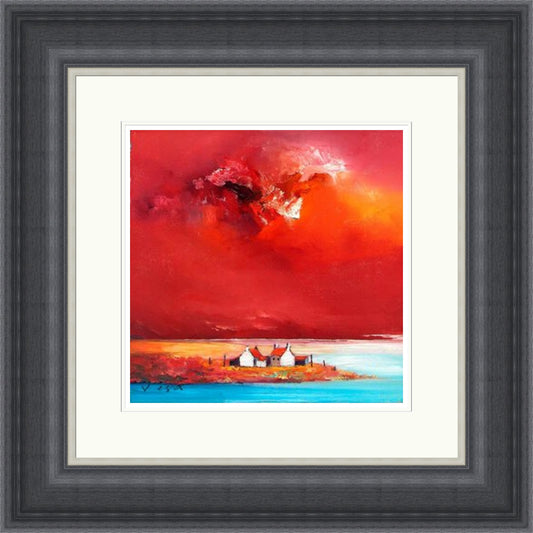 Oceans Edge, Uist By Vega framed wall art print featuring white Uist crofts beside turquoise water beneath an intense crimson-red sky, shown in Grey Shallow Scoop frame